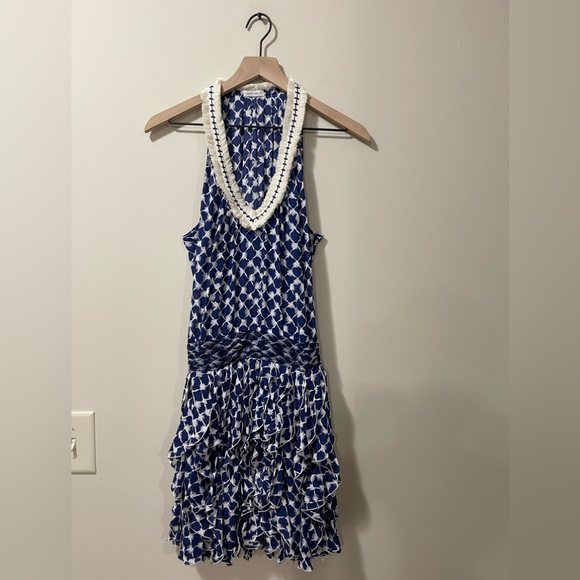 Poupette St Barth Blue & Cream Fringe Ruffle Fit & Flare Dress Size Small - Picture 3 of 10